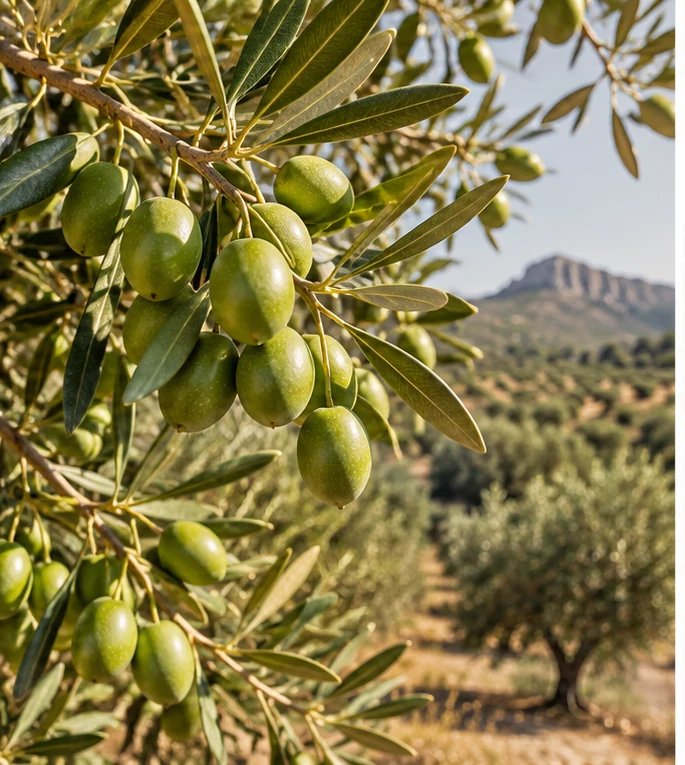 Aceitunas verdes en los olivos